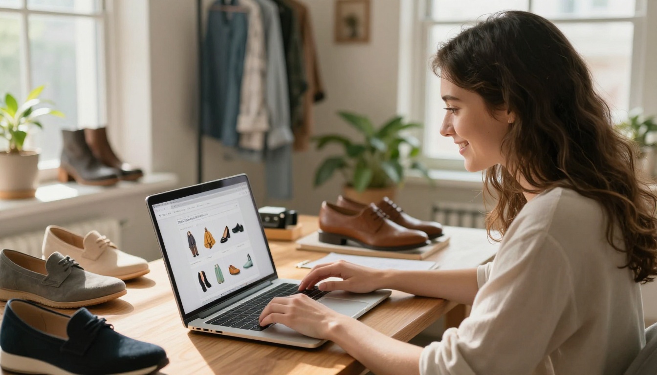 Online boutique owner reviewing professional product listings on laptop at wooden desk