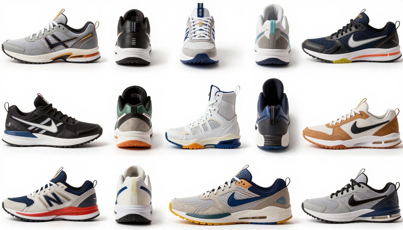 Grid of athletic sneakers arranged on white studio background