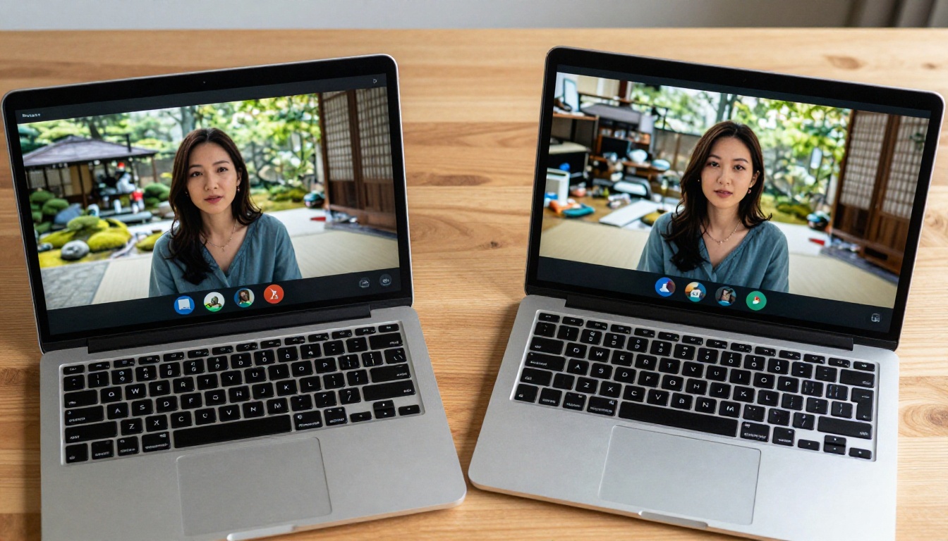 Two laptops side by side comparing original cluttered background vs AI-swapped zen garden background