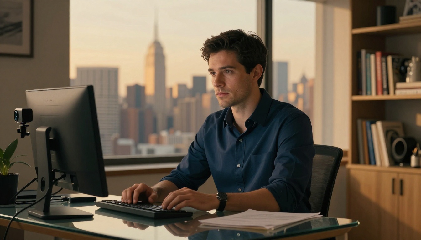 Man during video call with AI-replaced New York City skyline background