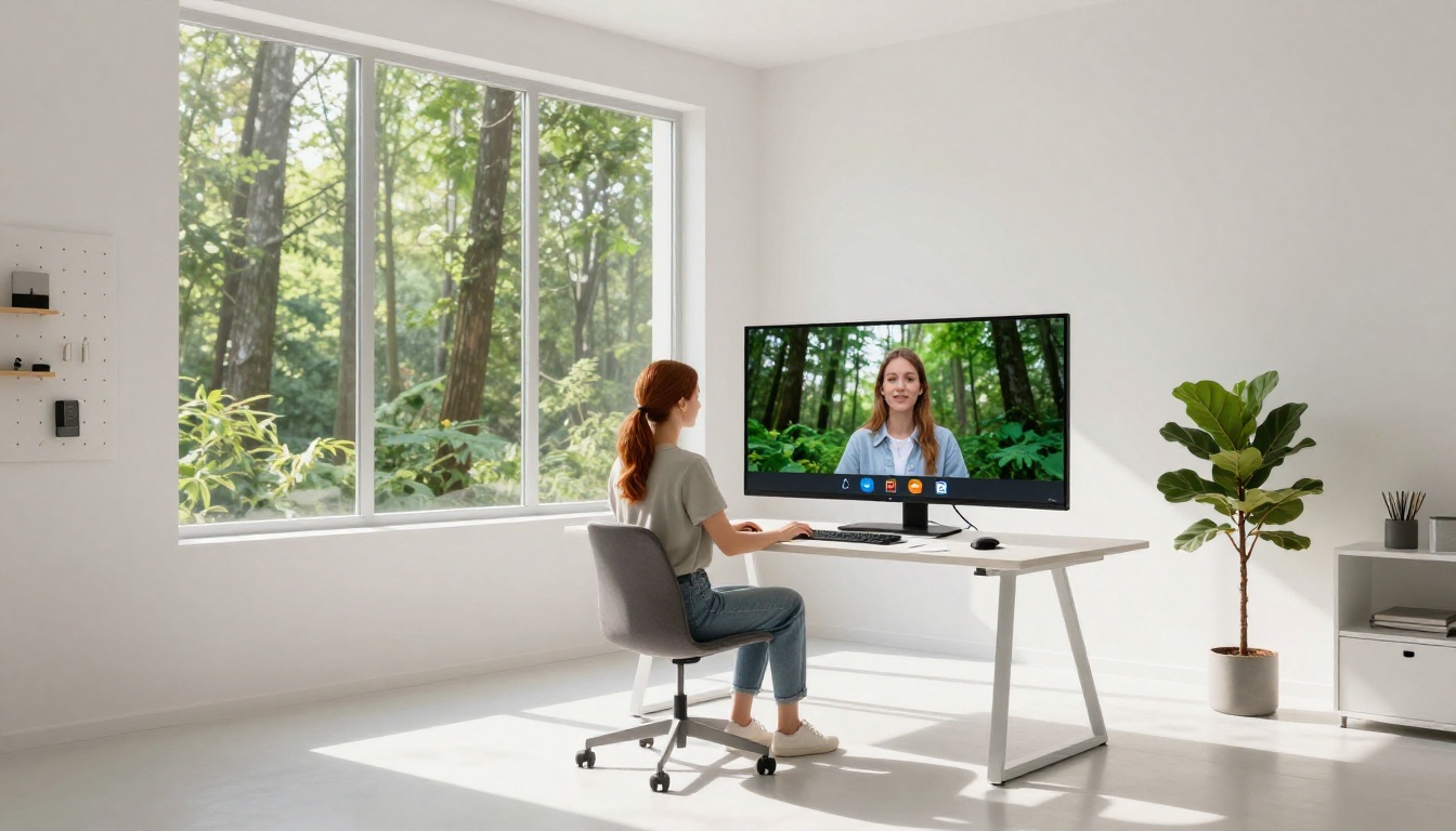 Woman with auburn hair in home office with AI-replaced lush green forest background on monitor