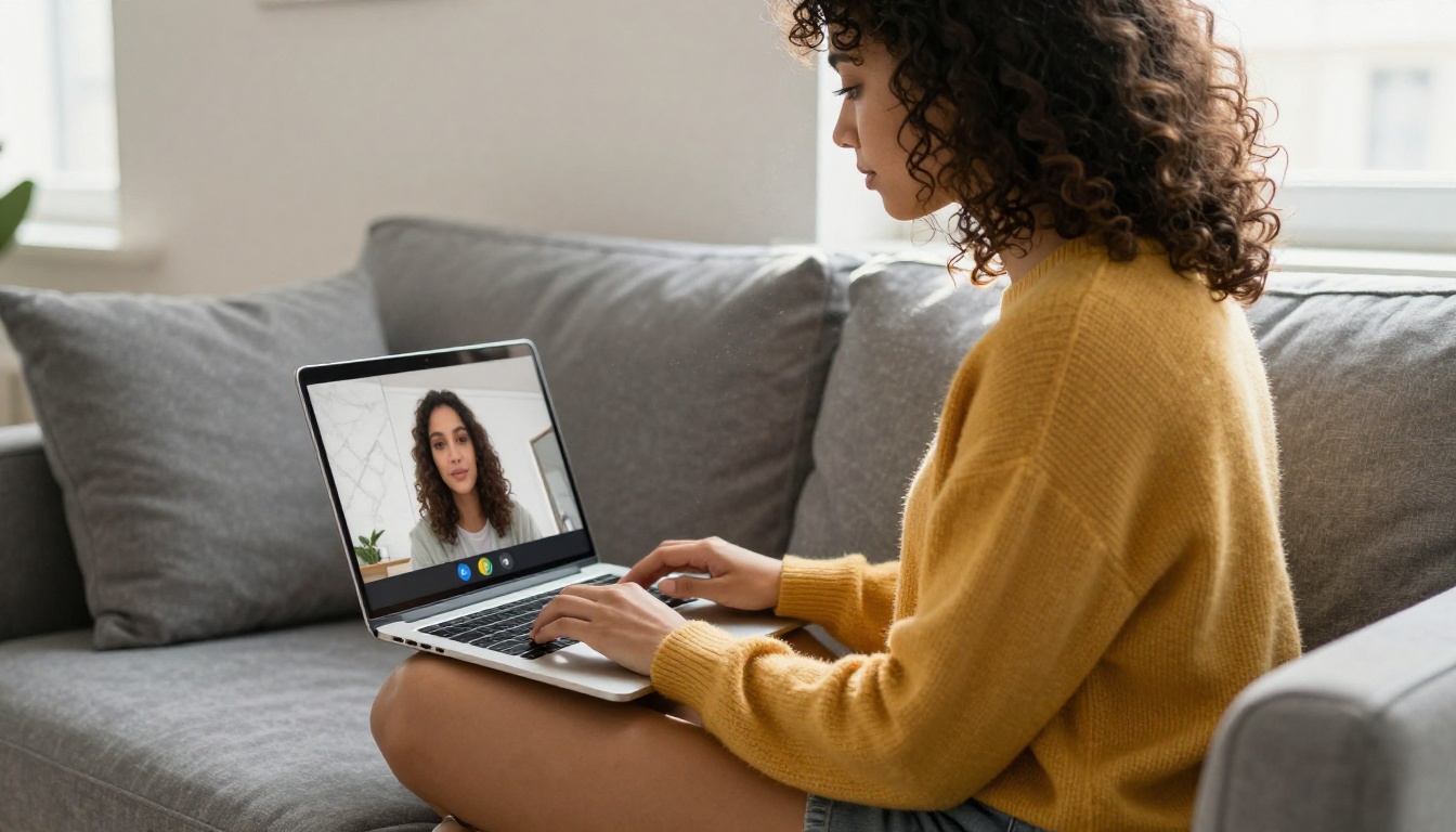 Young woman with curly hair on sofa during Google Meet call with marble room virtual background