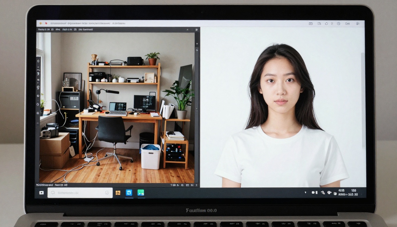 Close-up of laptop screen showing AI background removal before-and-after interface