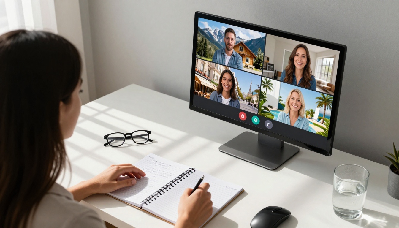 Aerial view of desk with monitor showing four video call participants each with different AI-swapped virtual backgrounds