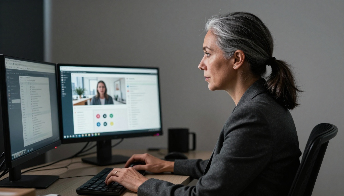 Woman in blazer at dual-monitor home office setup with AI-replaced sleek office interior background on Zoom call