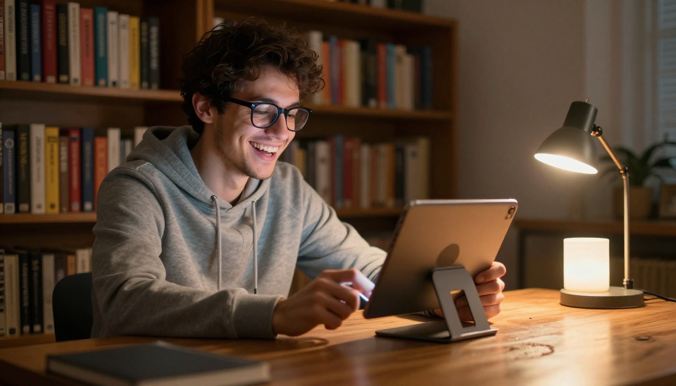 Young man with glasses laughing during tablet video call with AI-replaced cozy library background