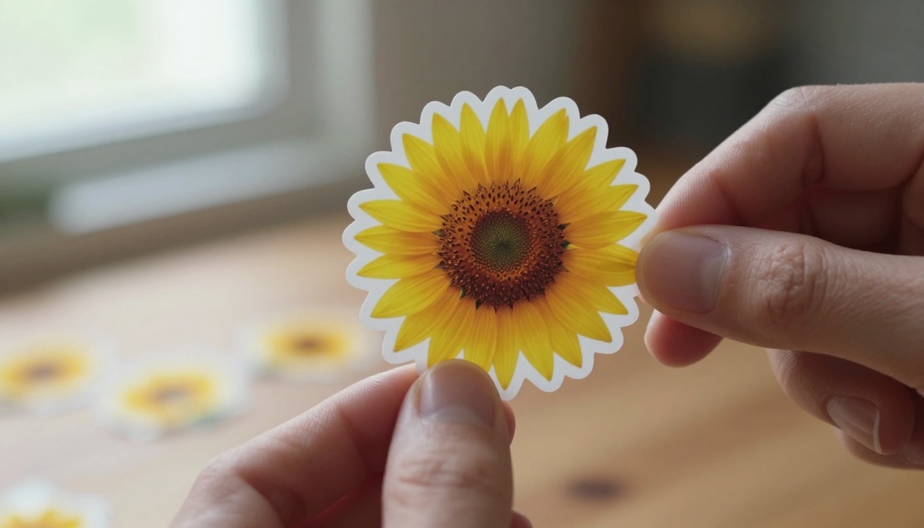Close-up of fingers peeling a botanical flower sticker from backing with perfectly clean die-cut edge