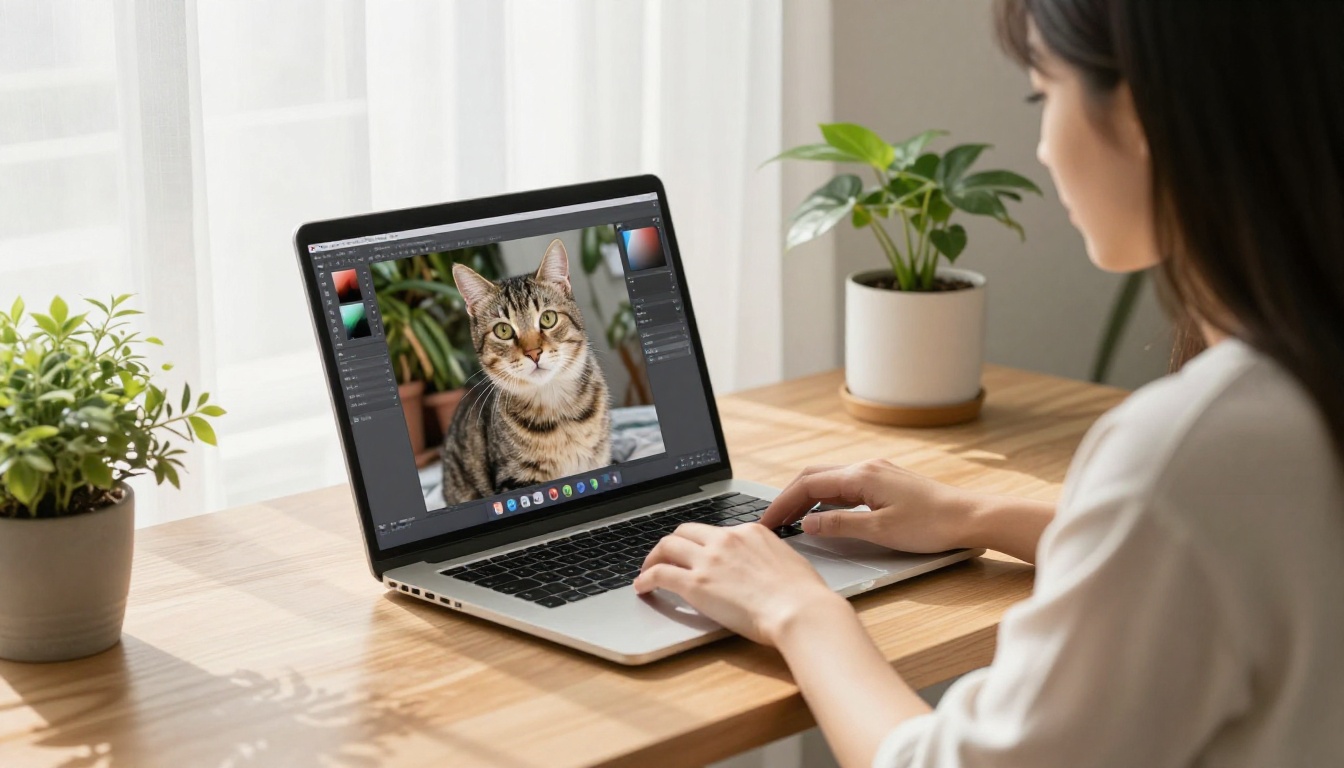 Woman at a sunlit desk using laptop with AI background removal interface showing before and after result