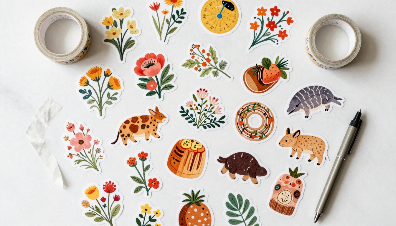 Flat lay of a beautiful sticker collection with clean white borders on white marble surface