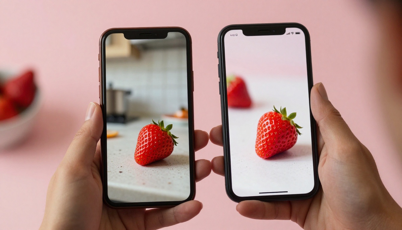 Smartphone showing before and after AI background removal comparison of a strawberry