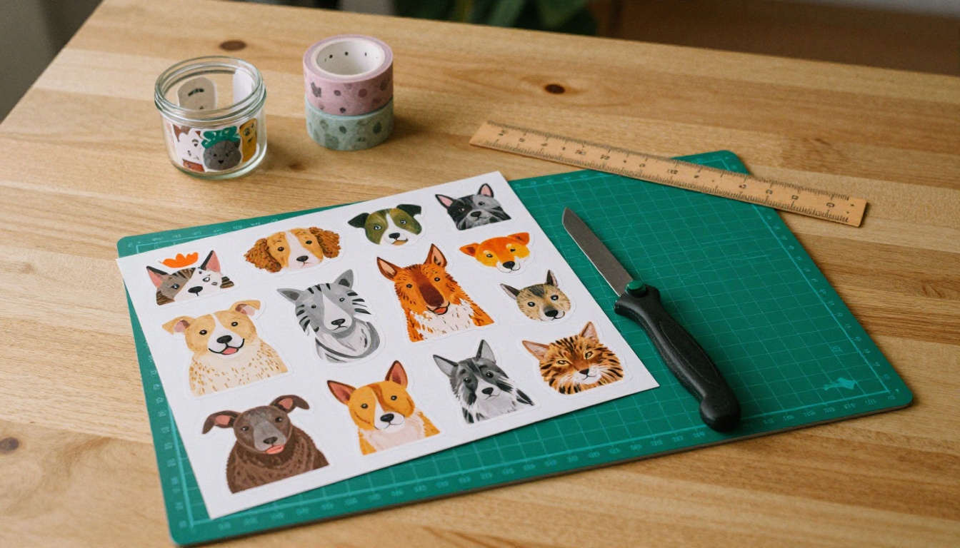 Crafting workspace flatlay with sticker sheet on cutting mat, craft knife, washi tapes, and glass jar of finished stickers