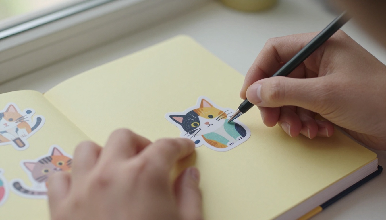 Woman carefully applying a custom cat sticker to a pastel yellow journal cover, crisp white border visible Woman carefully applying a custom cat sticker to a pastel yellow journal cover, crisp white border visible