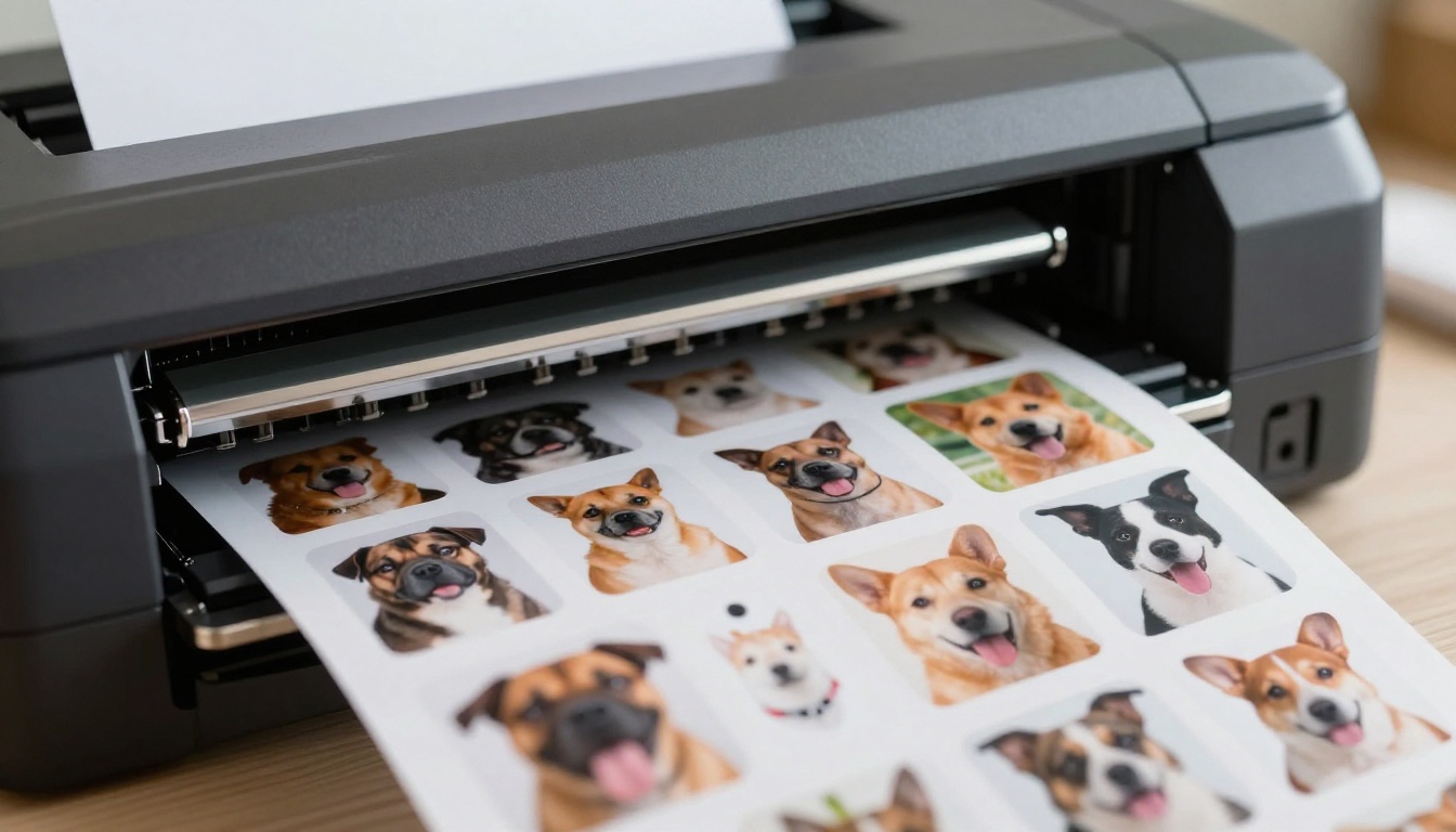 High-quality inkjet printer ejecting a freshly printed glossy sheet of pet portrait stickers High-quality inkjet printer ejecting a freshly printed glossy sheet of pet portrait stickers