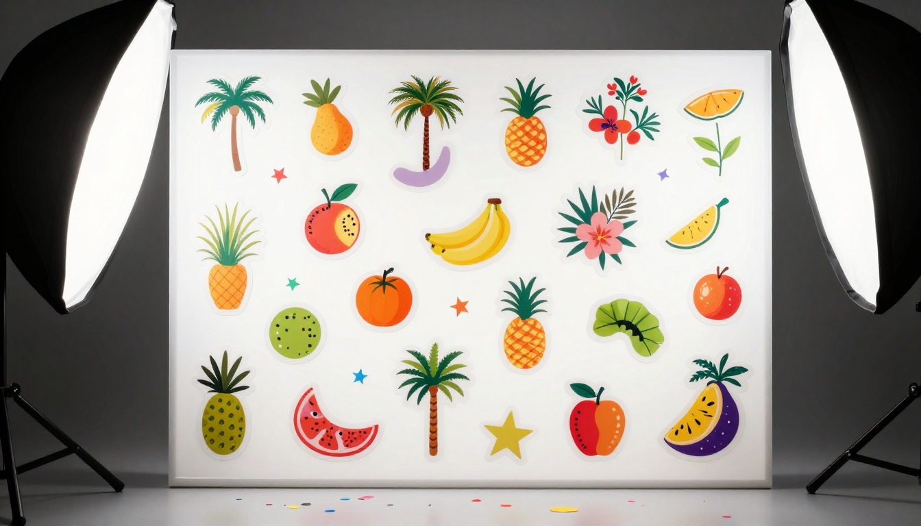 Elegant display of custom stickers with immaculate cut edges arranged on a frosted acrylic surface in a photography lightbox Elegant display of custom stickers with immaculate cut edges arranged on a frosted acrylic surface in a photography lightbox