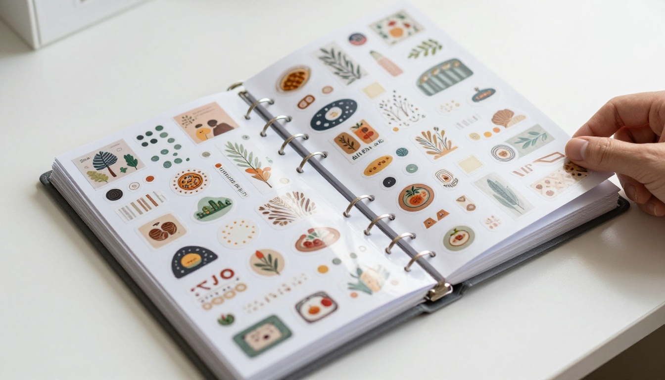 Sticker binder album open on a white desk with organized rows of custom stickers in clear plastic pages Sticker binder album open on a white desk with organized rows of custom stickers in clear plastic pages