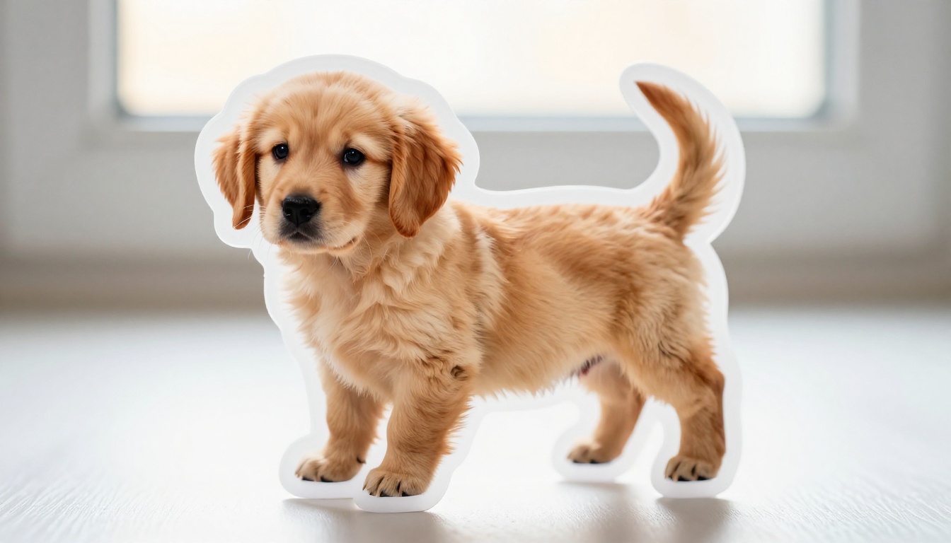 Macro close-up of a golden retriever puppy sticker with immaculate transparent cutout edge casting a soft shadow on white surface Macro close-up of a golden retriever puppy sticker with immaculate transparent cutout edge casting a soft shadow on white surface