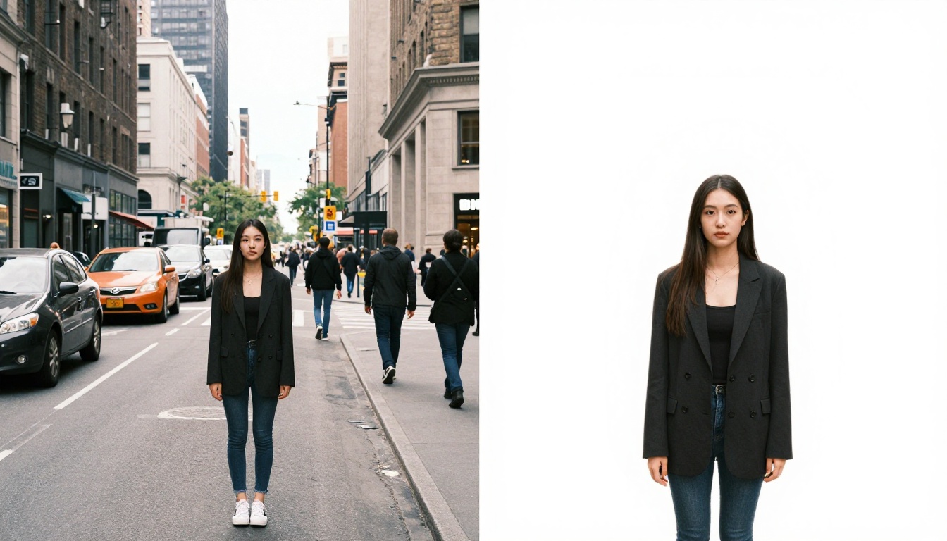 A person in a busy city street on the left, the same person cleanly isolated on a white background on the right