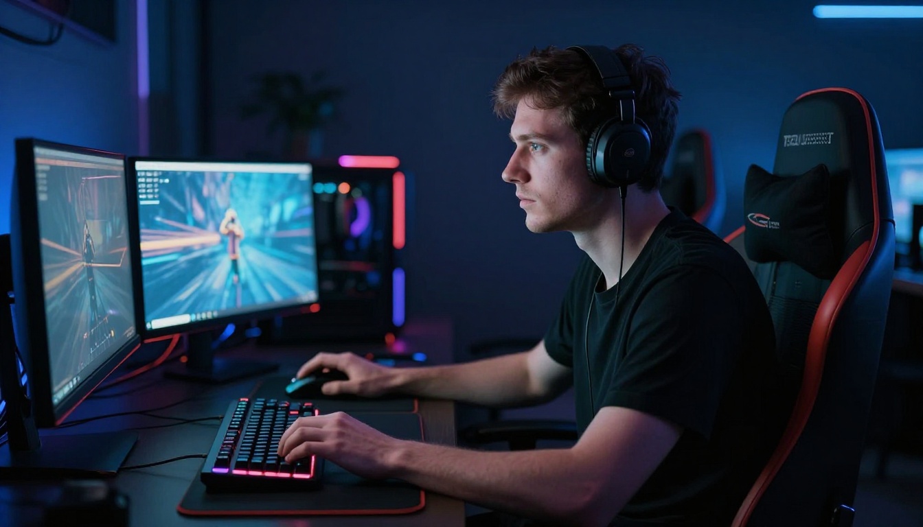 A male gaming content creator with an intense focused expression at his RGB monitor setup with dramatic blue lighting