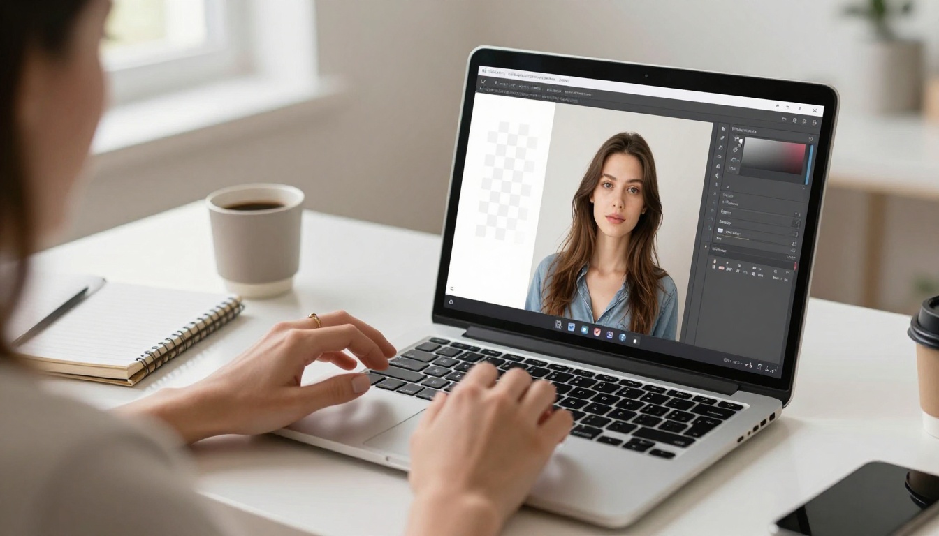 A content creator's hand pointing at a laptop screen showing a background removal interface with a transparent cutout