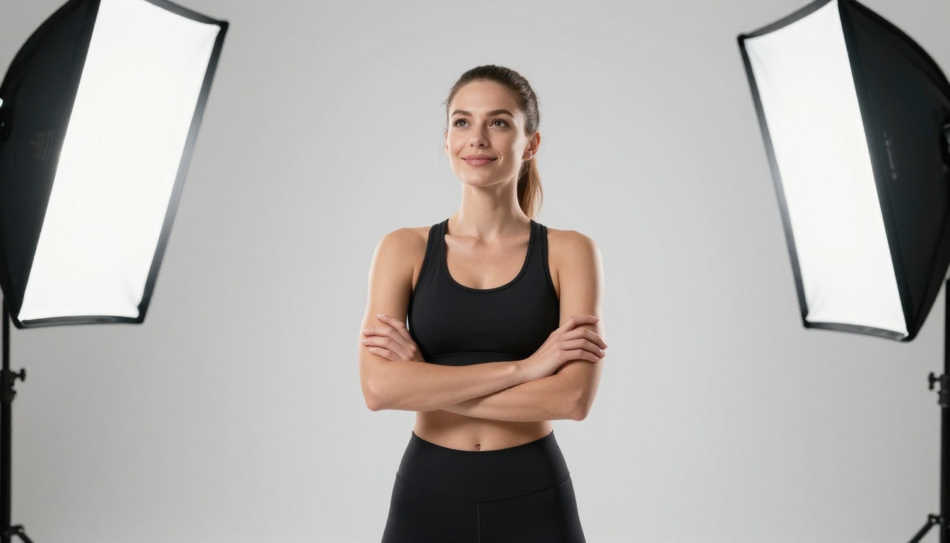 A fitness influencer cleanly isolated against a pure white studio background, athletic wear, confident pose