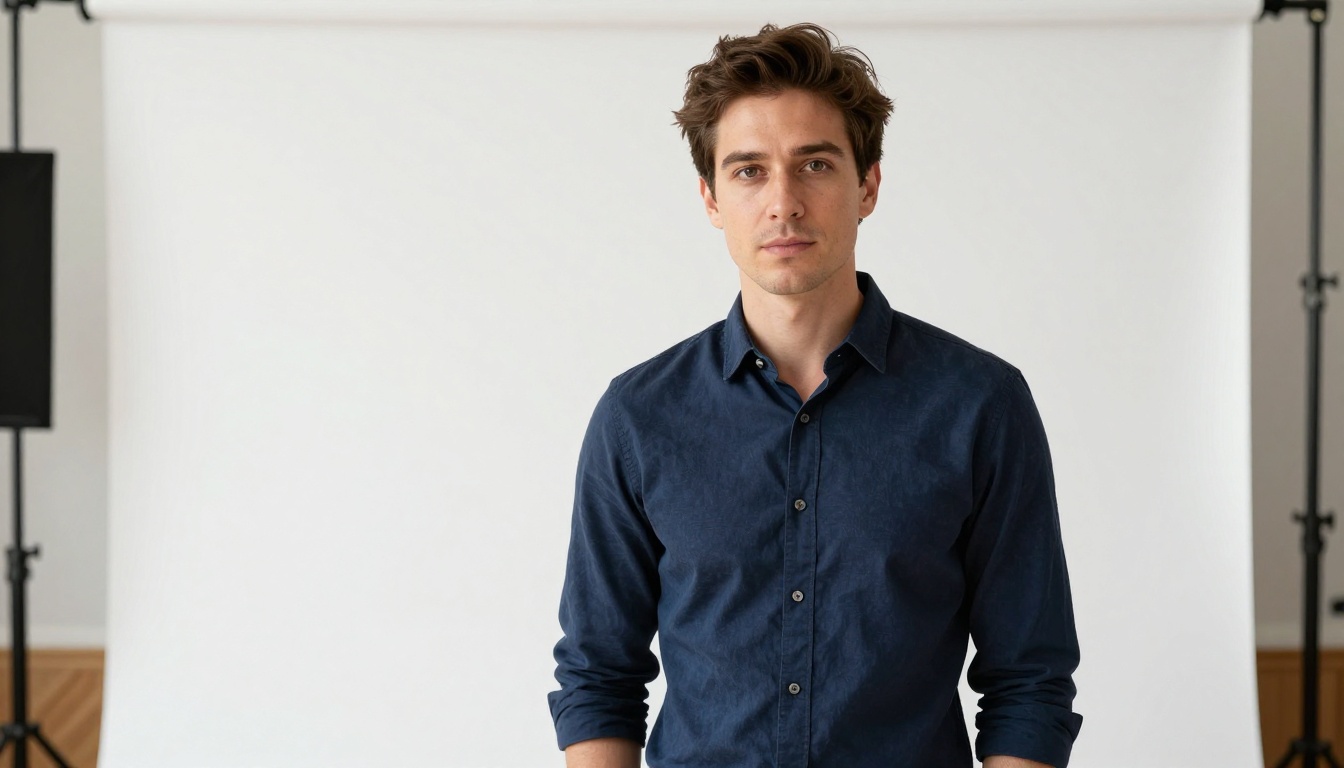Confident male professional portrait with butterfly lighting against seamless white backdrop