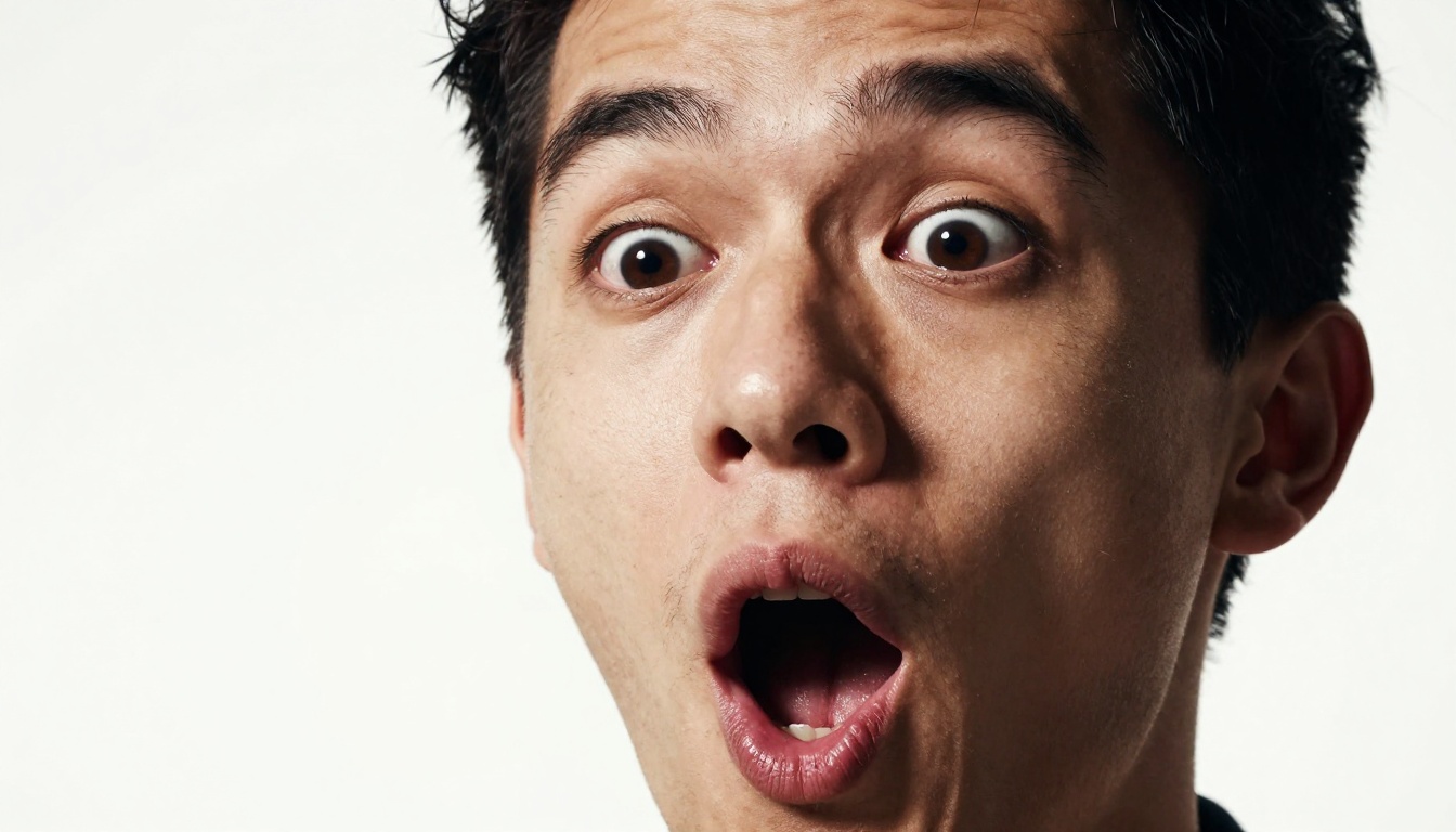 A man with an exaggerated surprised expression cleanly isolated on a bright white background, perfect for reaction thumbnails