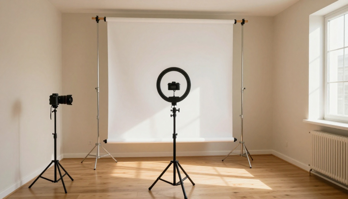 DIY home studio setup with ring light and seamless paper backdrop