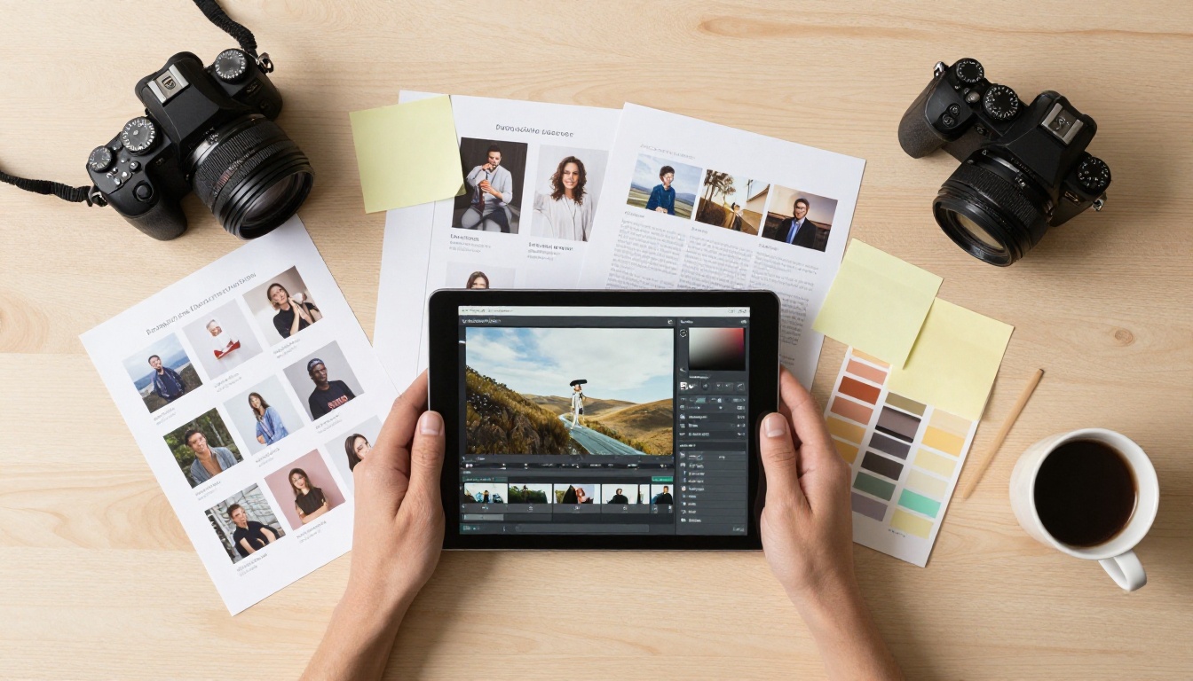 A flat lay of a content creator's desk with thumbnail designs, a tablet, camera, and coffee arranged on wood