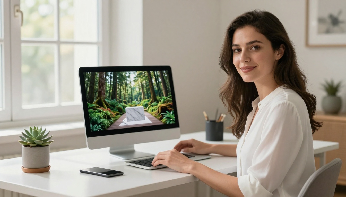 Woman at clean desk with laptop displaying AI-generated studio background options