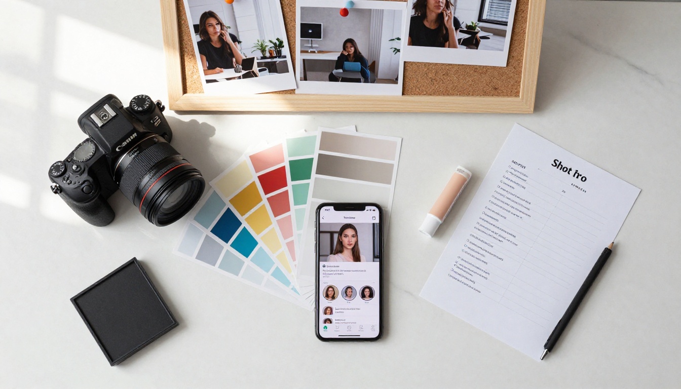 Overhead flat-lay of portrait session planning with camera, mood board, LED panel, and shot list
