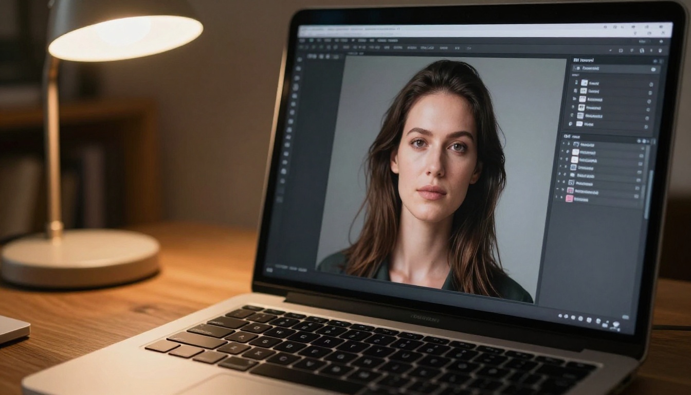 Laptop screen glowing with AI-generated professional studio portrait result on wooden desk