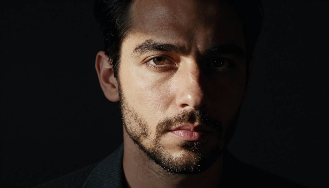 Dramatic low-key male portrait with Rembrandt lighting against dark seamless backdrop