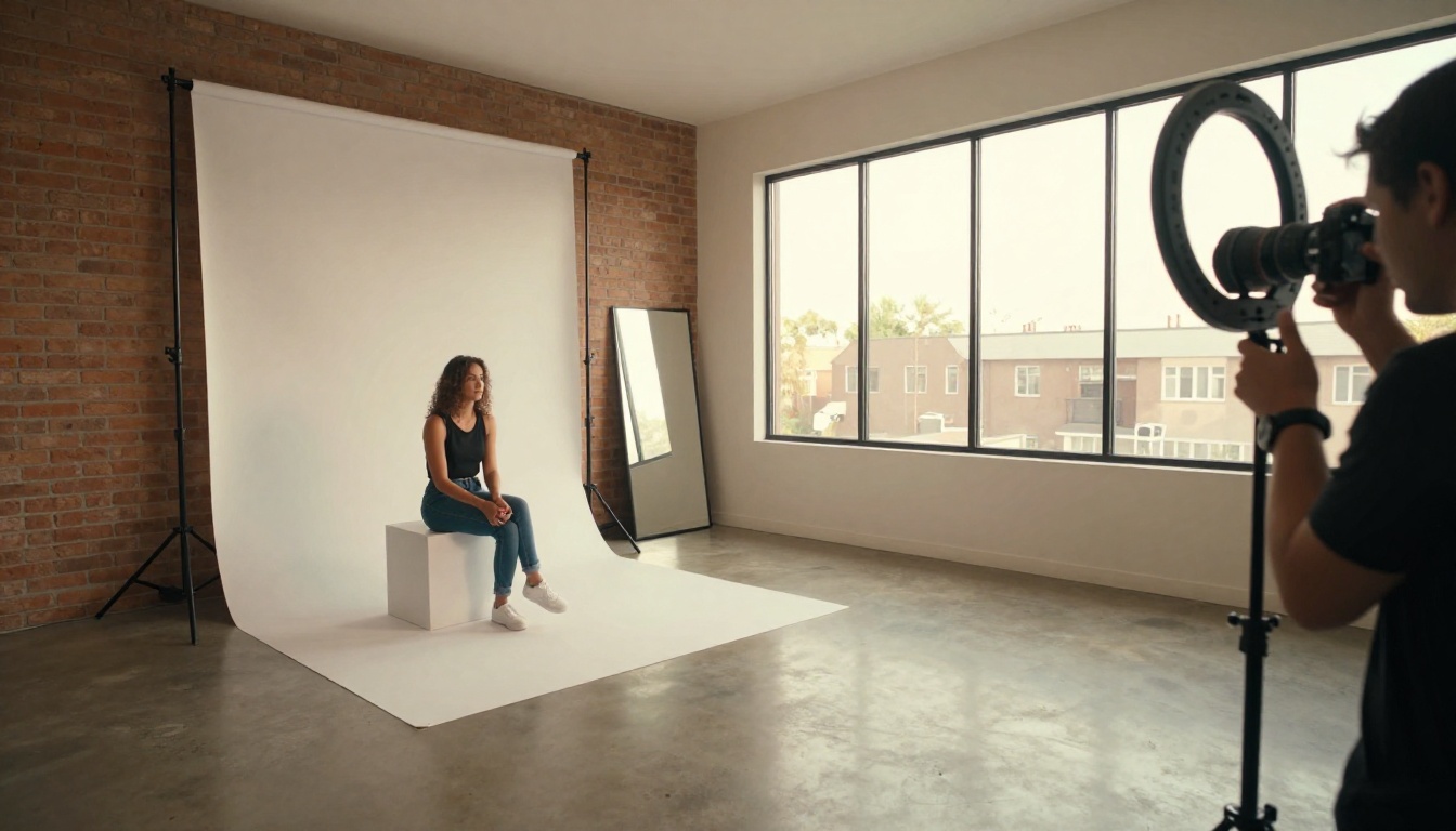 Wide establishing shot of a professional home portrait session with natural light