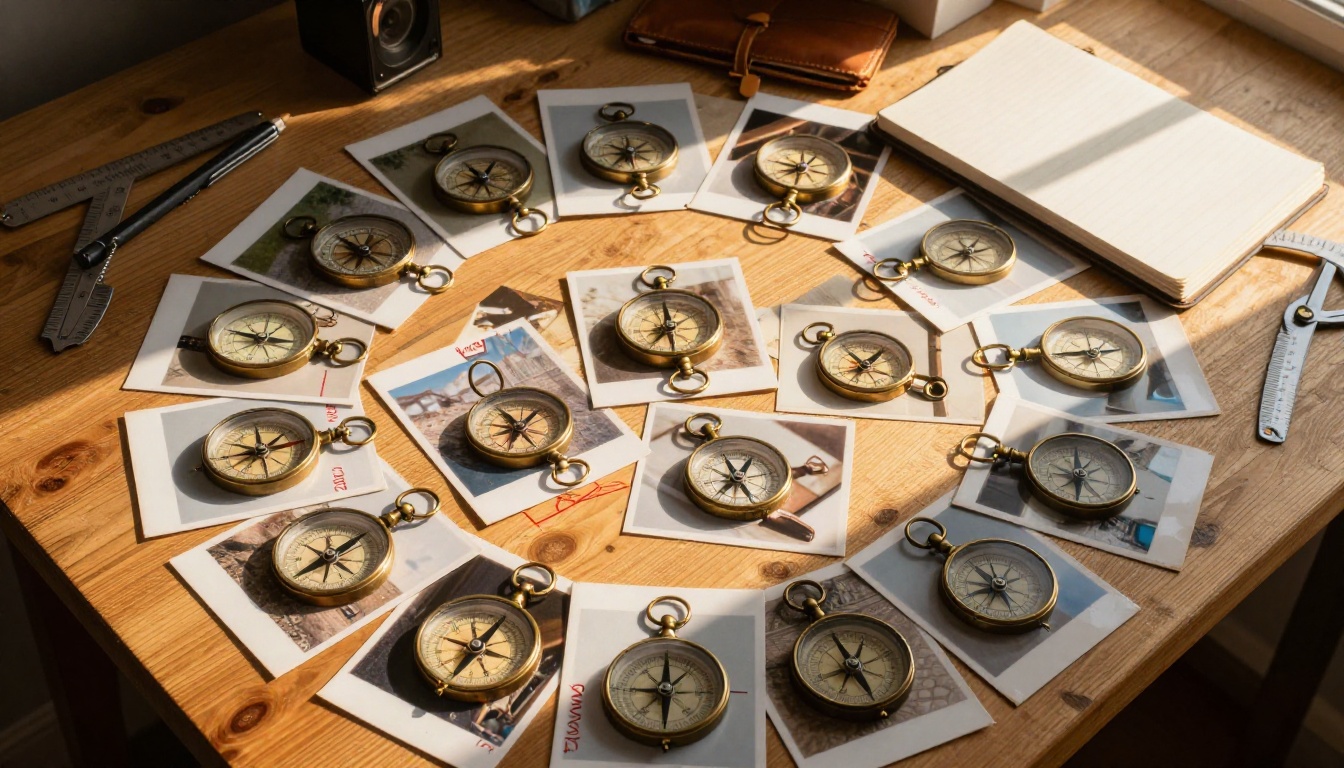 Overhead view of photos arranged for multi-angle coverage