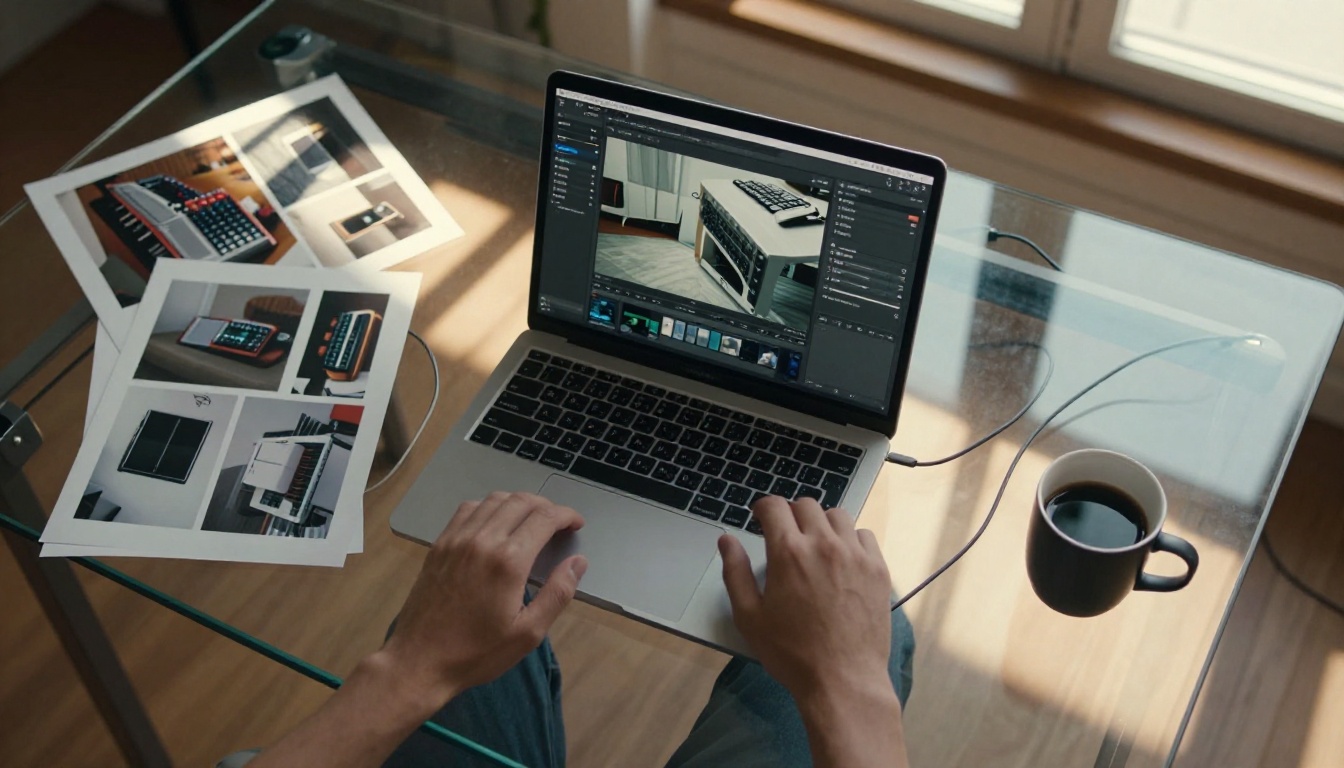Workspace with AI editing interface and reference photos on a desk