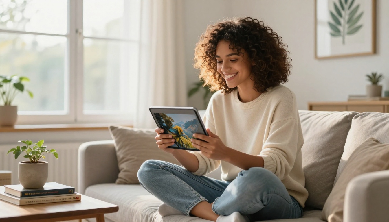 Woman reviewing AI-generated spatial imagery on her tablet with satisfaction