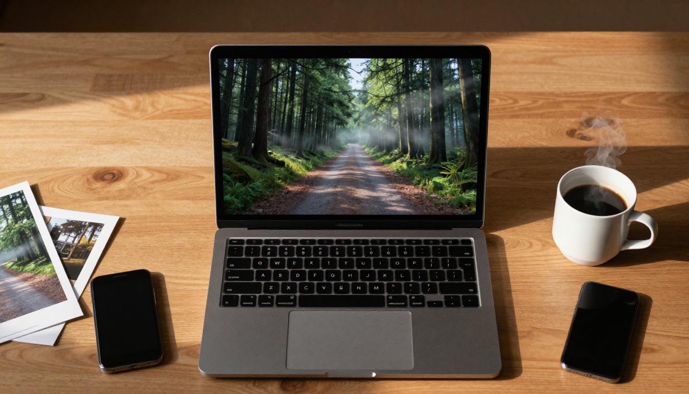 Aerial overhead shot of a desk showing before-and-after 3D photo comparison on laptop screen