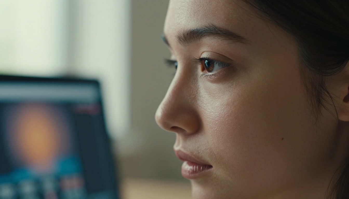 Close-up of a woman's face with depth map visualization reflecting in her eyes