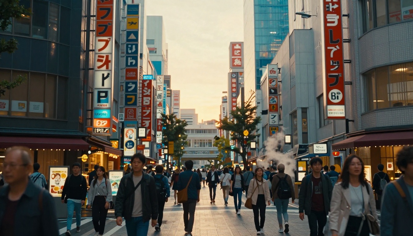 Tokyo street scene with visible 3D depth layers between foreground and background