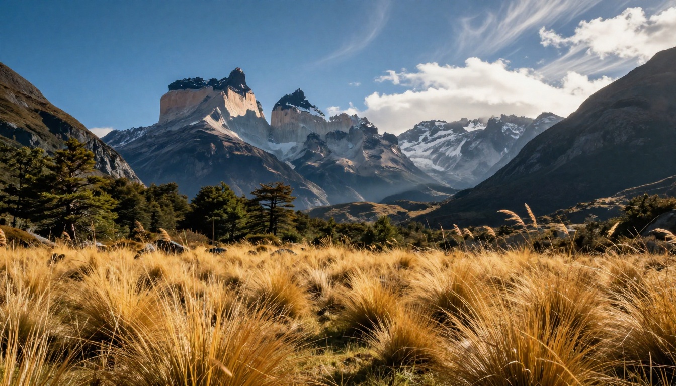 Dramatic Patagonia mountain landscape with layered 3D depth quality in foreground grass, mid-ground trees, distant peaks