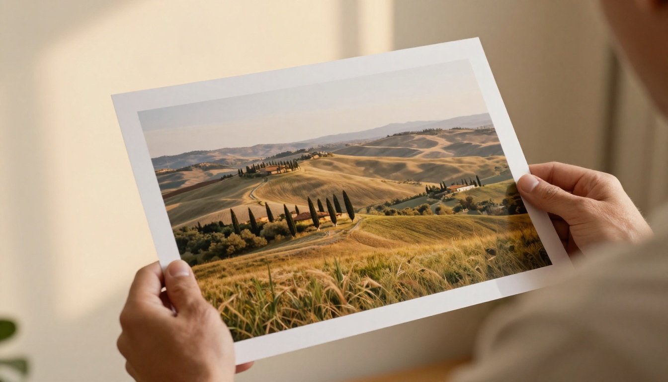 Hands holding a printed photograph of Tuscan countryside that appears to have window-like 3D depth Hands holding a printed photograph of Tuscan countryside that appears to have window-like 3D depth