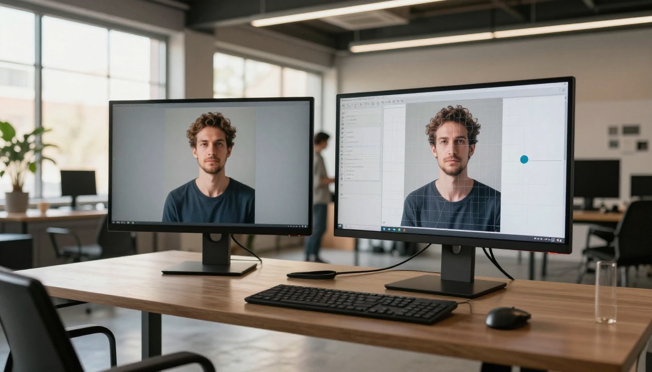 Modern creative studio with two monitors showing flat photo vs depth-estimated 3D version Modern creative studio with two monitors showing flat photo vs depth-estimated 3D version