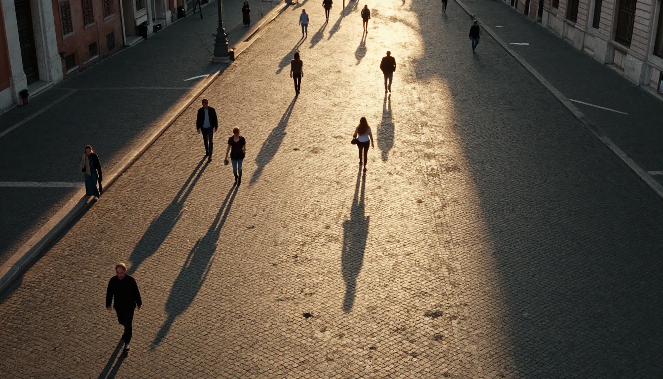Aerial drone shot looking down at cobblestone piazza in Rome at dusk with incredible spatial depth Aerial drone shot looking down at cobblestone piazza in Rome at dusk with incredible spatial depth