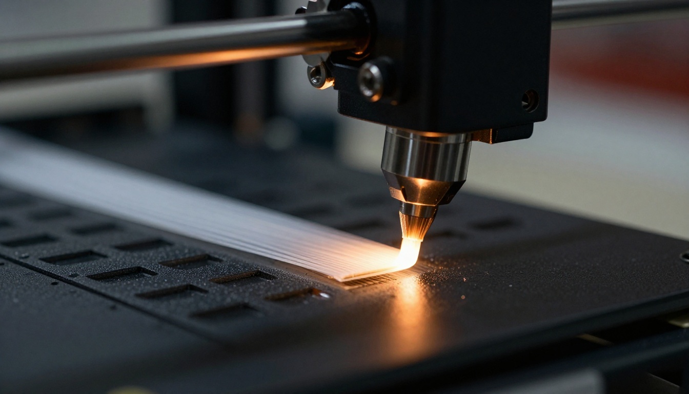 Extreme close-up macro shot of a 3D printer nozzle extruding white PLA filament layer by layer onto a black print bed, with sharp detail on the molten filament strands