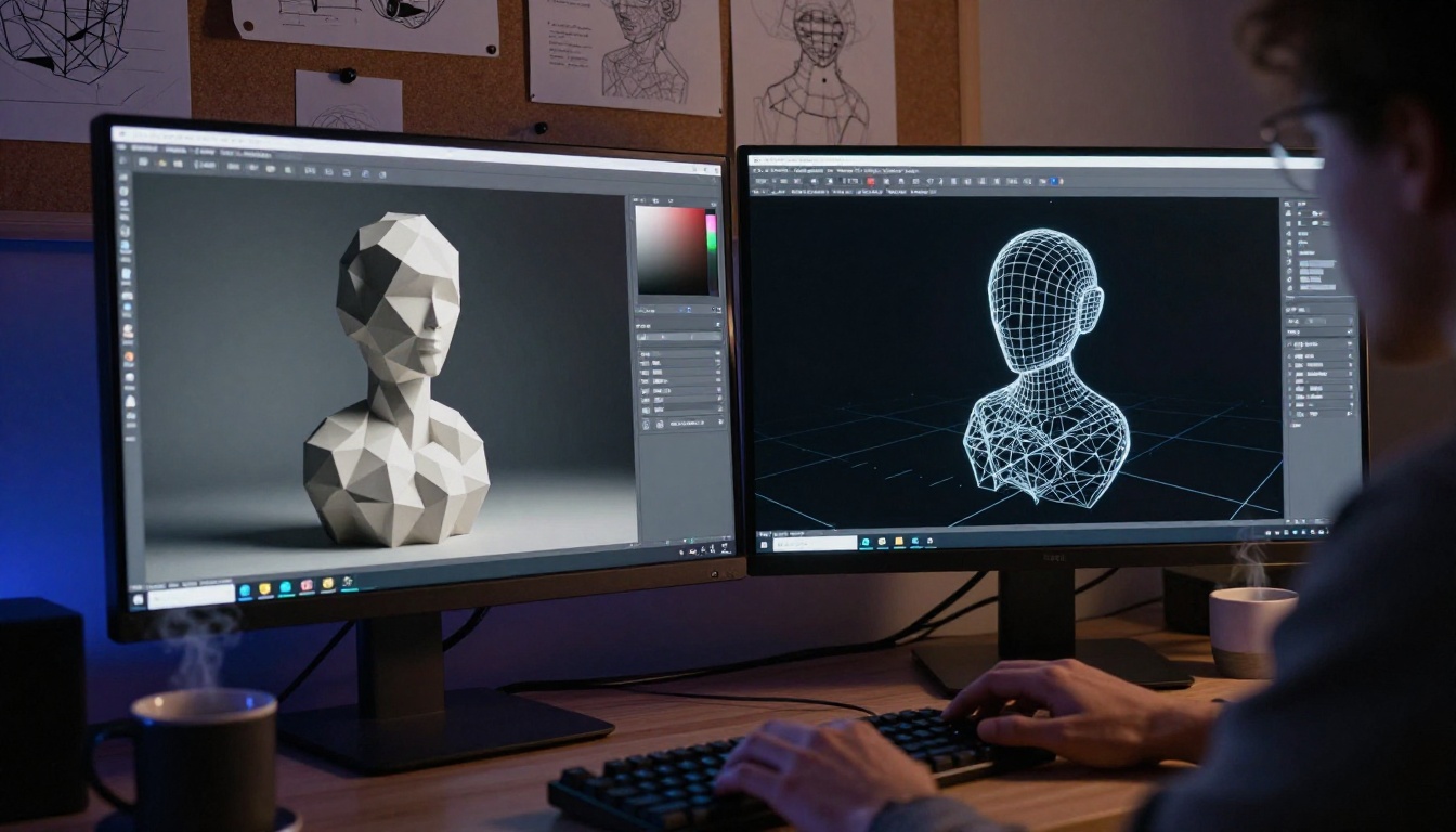 AI software displaying a 3D mesh wireframe and generative design on dual monitors in a dimly lit creative workspace