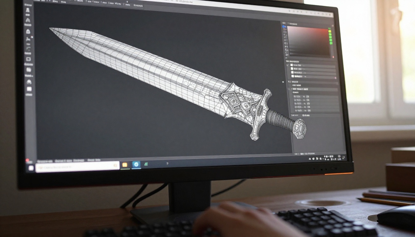 Blender 3D viewport on monitor showing medieval sword prop mid-modeling with wireframe overlay
