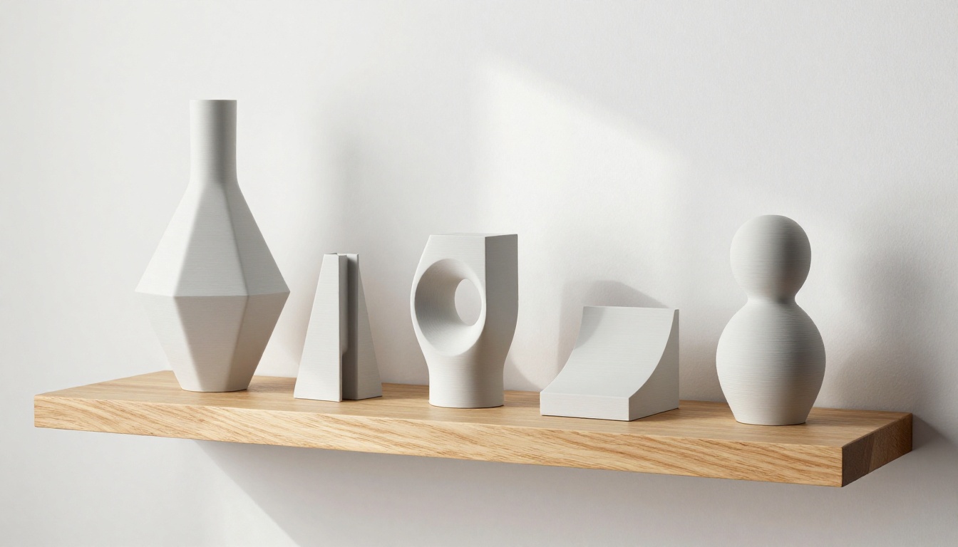 Collection of five finished 3D printed objects on an oak shelf, displayed in natural window light showing fine surface detail