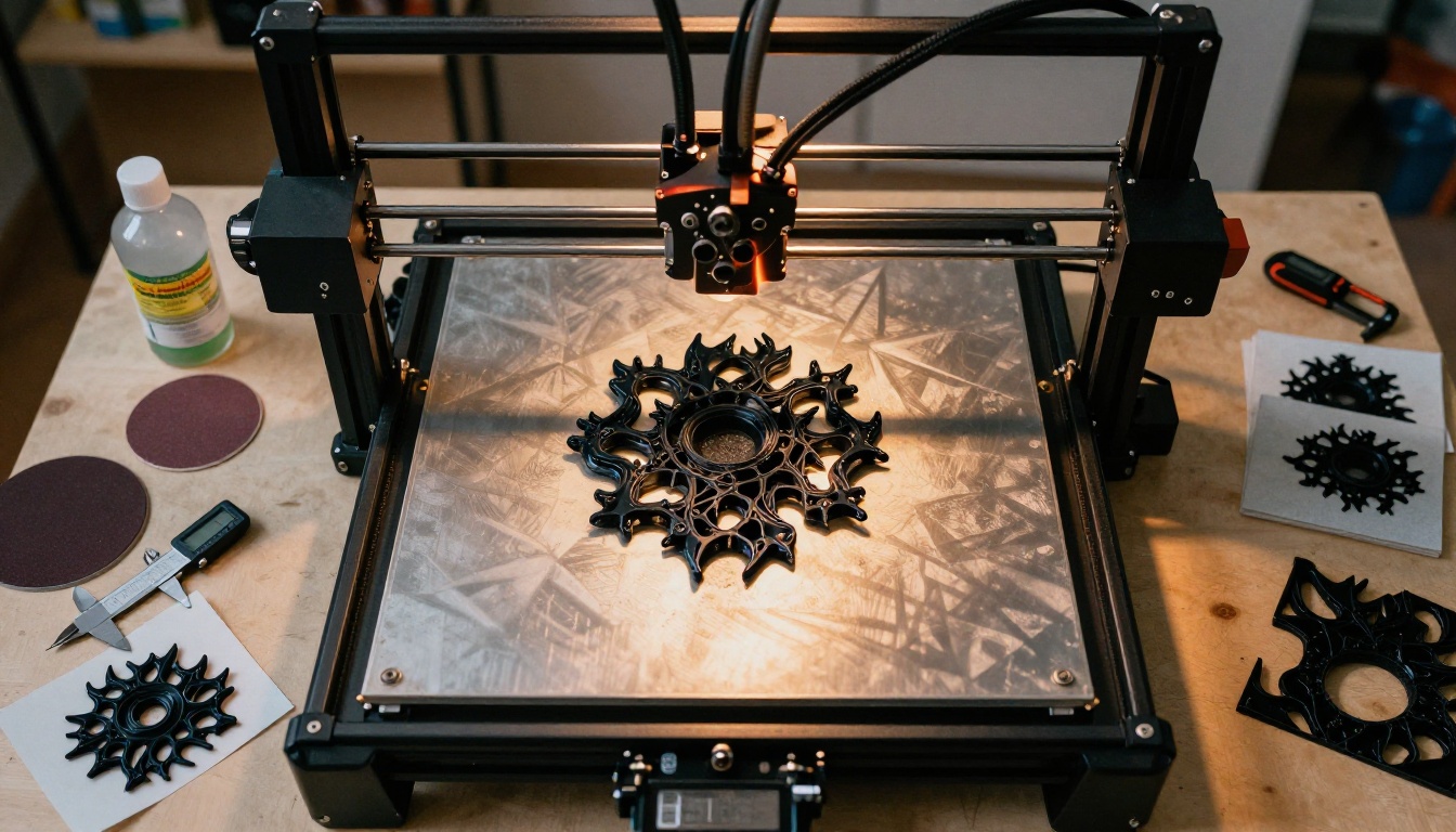 Overhead bird's-eye view of a 3D printer operating in a home workshop, surrounded by tools and finished prints on a workbench
