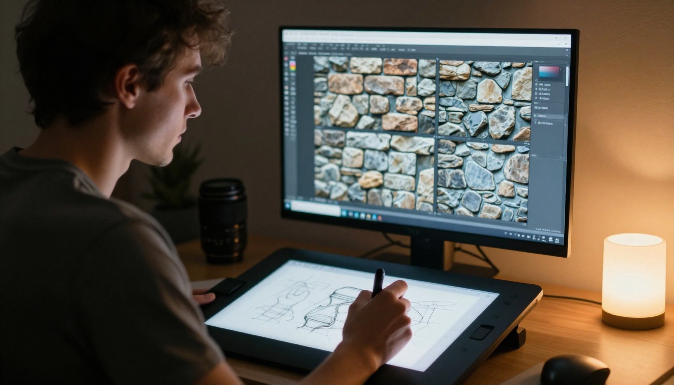 3D concept artist sketching prop designs with AI texture references on monitor 3D concept artist sketching prop designs with AI texture references on monitor
