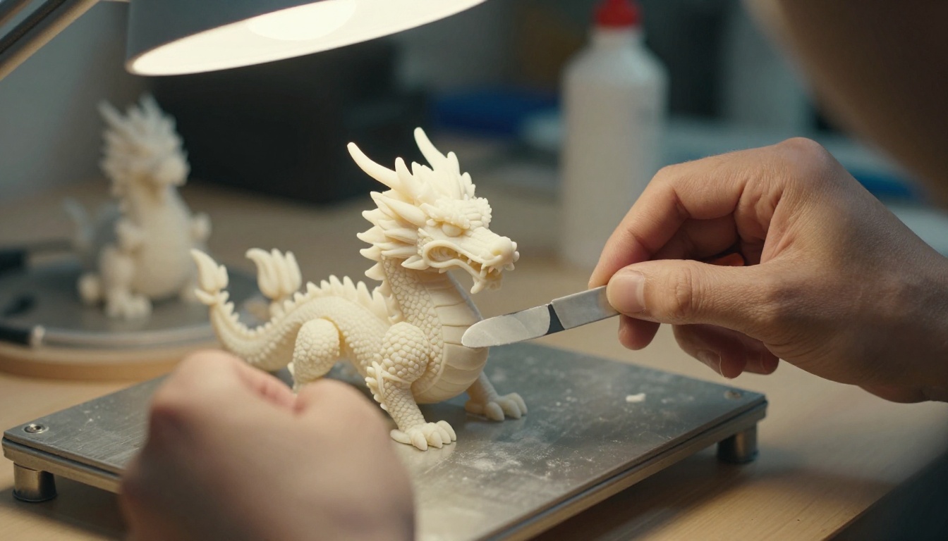 Close-up of hands carefully removing a freshly printed miniature dragon sculpture from a print bed using a flexible spatula, warm desk lamp light illuminating fine finger and surface texture